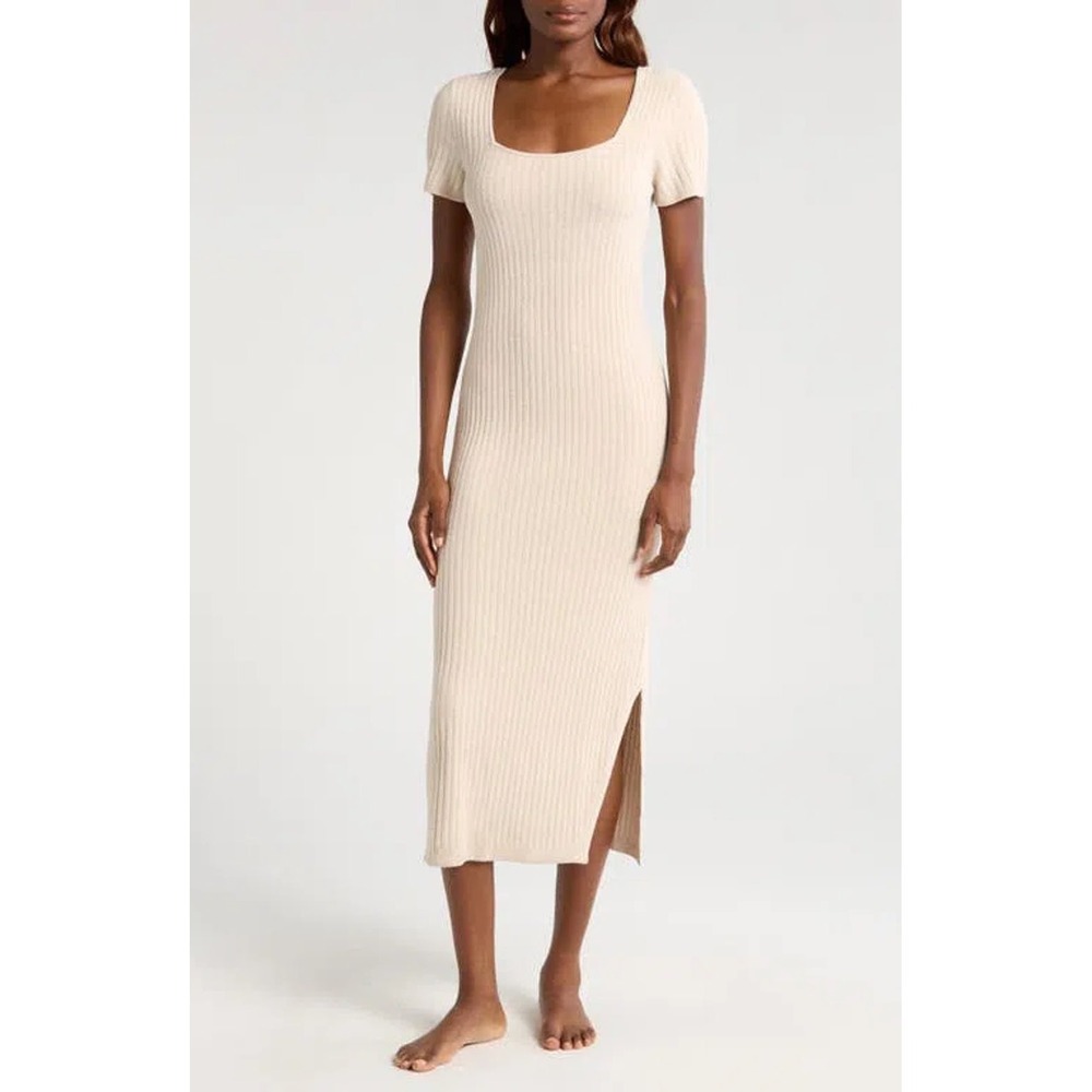 Barefoot Dreams CozyChic Ultra Lite Rib Dress Stone Square Neck Midi Large NWT